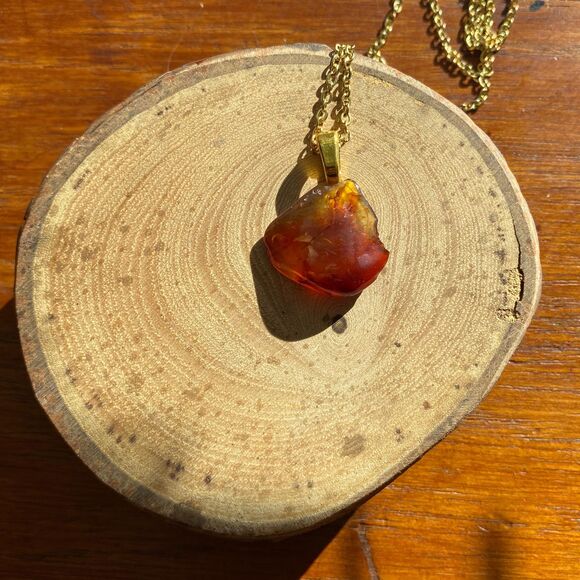 Polished Translucent Amber Glass Chip Pendant Necklace on Gold Plated Chain - Picture 4 of 4
